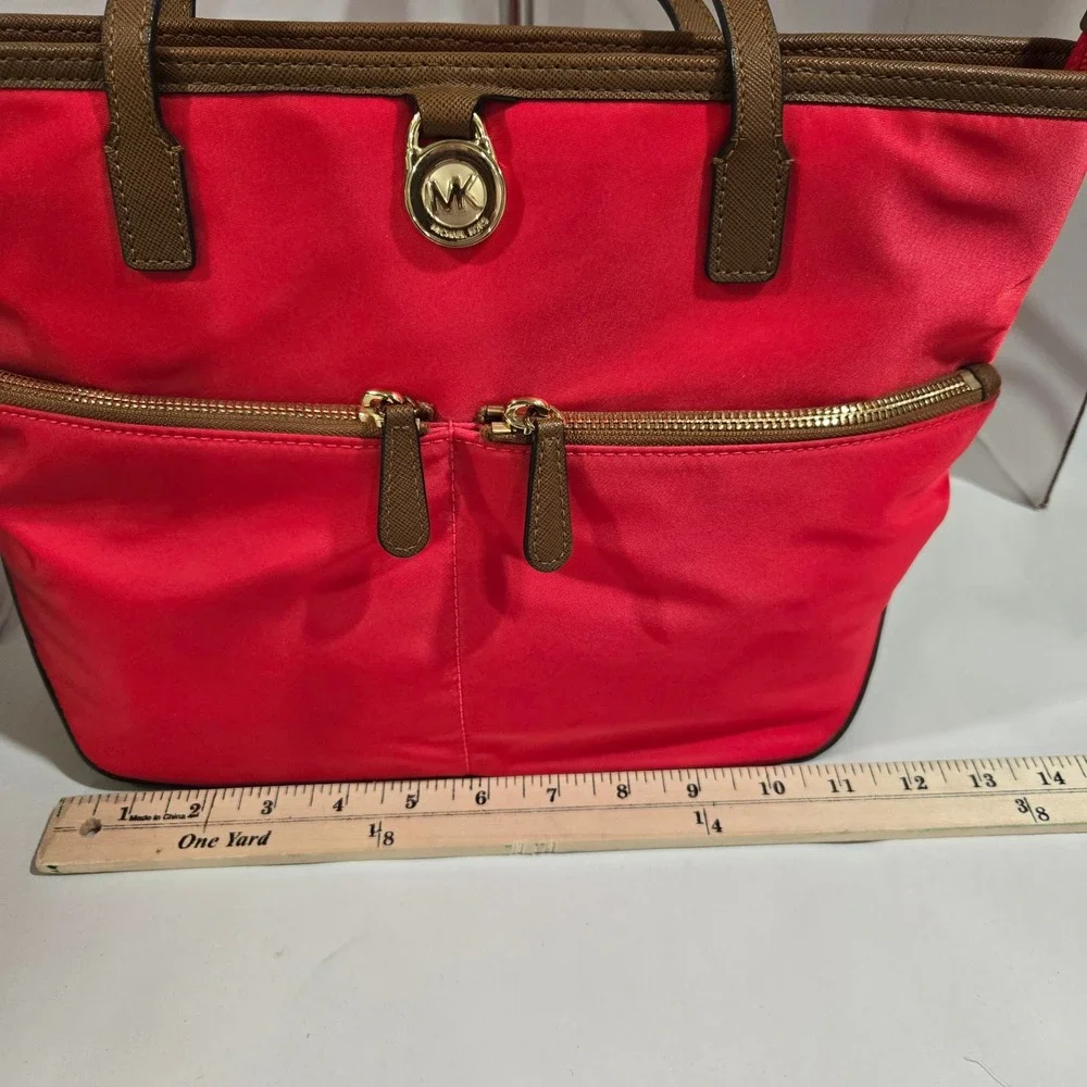 Michael Kors Polly Tote Bag Watermelon Coral Red Nylon Tan Leather Trim